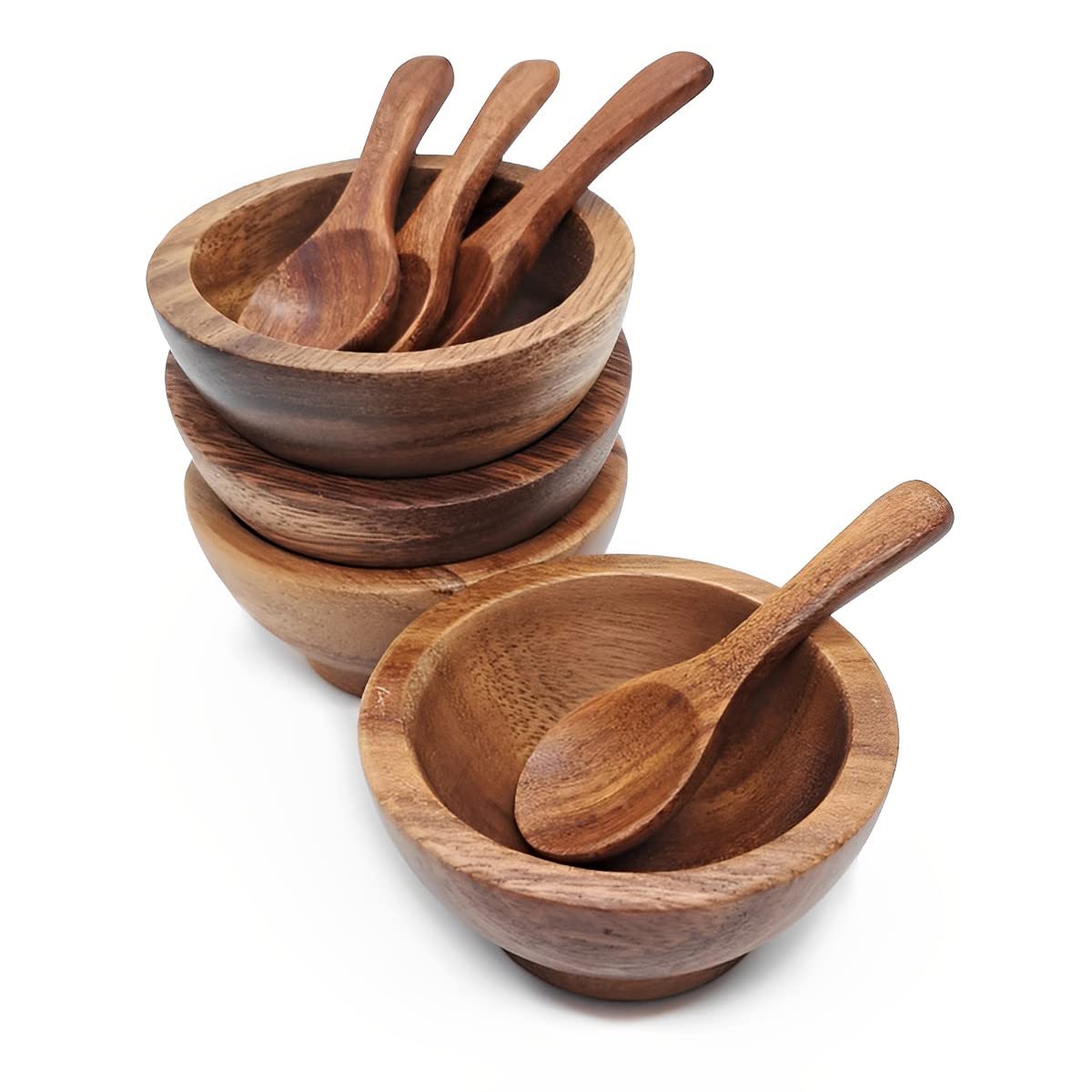 BestySuperStore Set of 4 Small Round Acacia Wooden Bowls 2⅞ Inch Diameter With Spoons - Stackable Mixing Bowl for Salad Soup Snack Salsa Dip Sauce Charcuterie Wood Tableware Sets for Decor and Serving