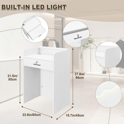 Reception Desk with Counter, Small Modern Front Desk with LED Light and Lockable Drawer, White Reception Table Retail Checkout for Counter for Lobby, Beauty Salon (37.8"L x 23.6"W x 15.7"H)