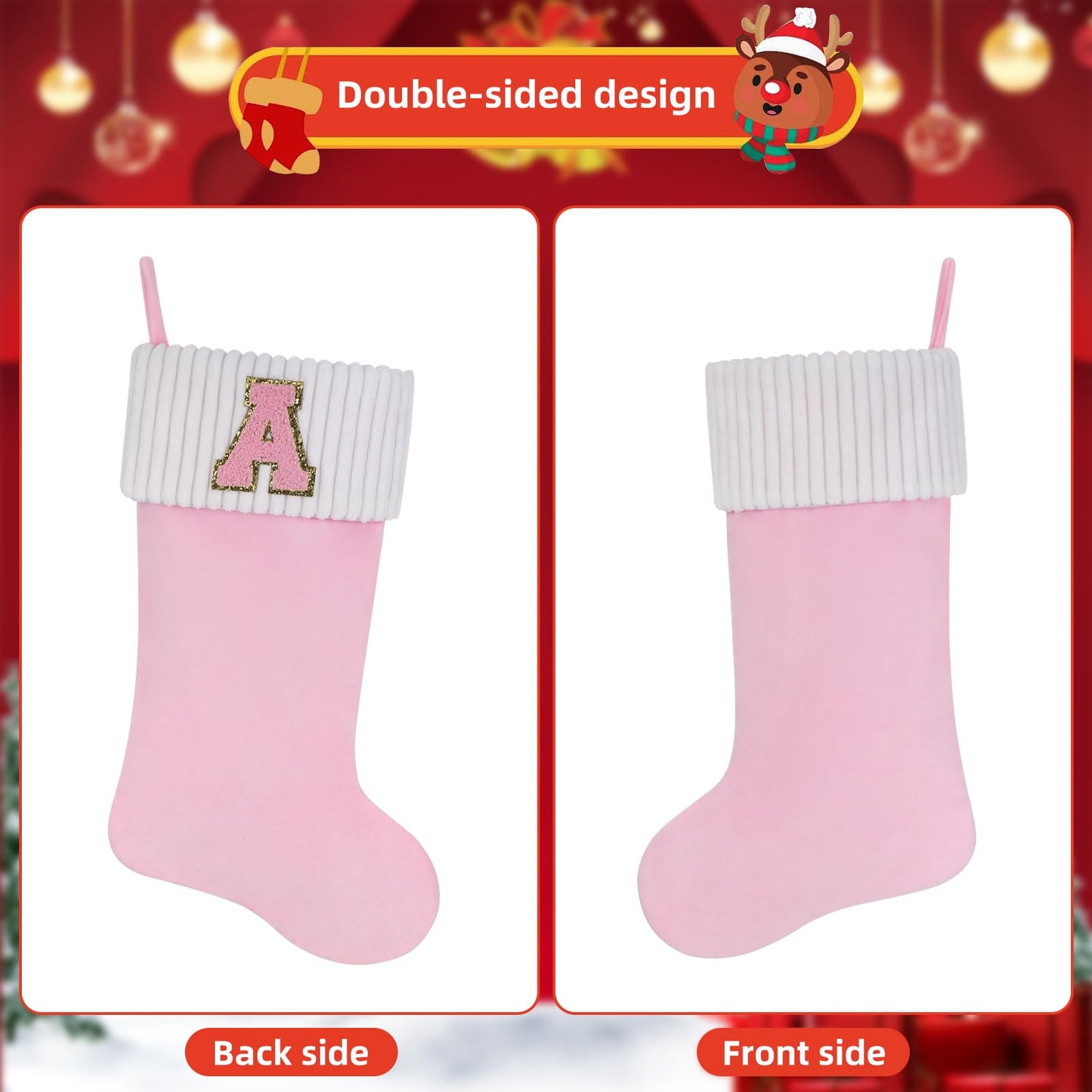 Shgngle 20 Inches Letter Embroidered Christmas Stocking,Personalized Pink Velvet Christmas Stocking,Family Holiday Decorations and Xmas Gift(H)