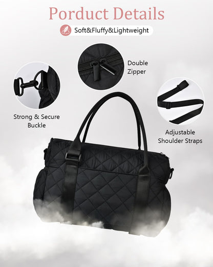 KUIRAN Gym Bag for Women with Yoga Mat Holder, Small Mini Gym Tote Bag Puffy Quilted Lightweight Sports Duffel Bag with Wet Compartment for Dance Yoga Workout Travel - Black