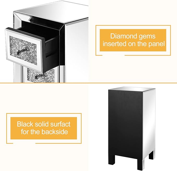 VINGLI 3-Drawer Mirrored Nightstand Bedside Table Glass Accent End Table