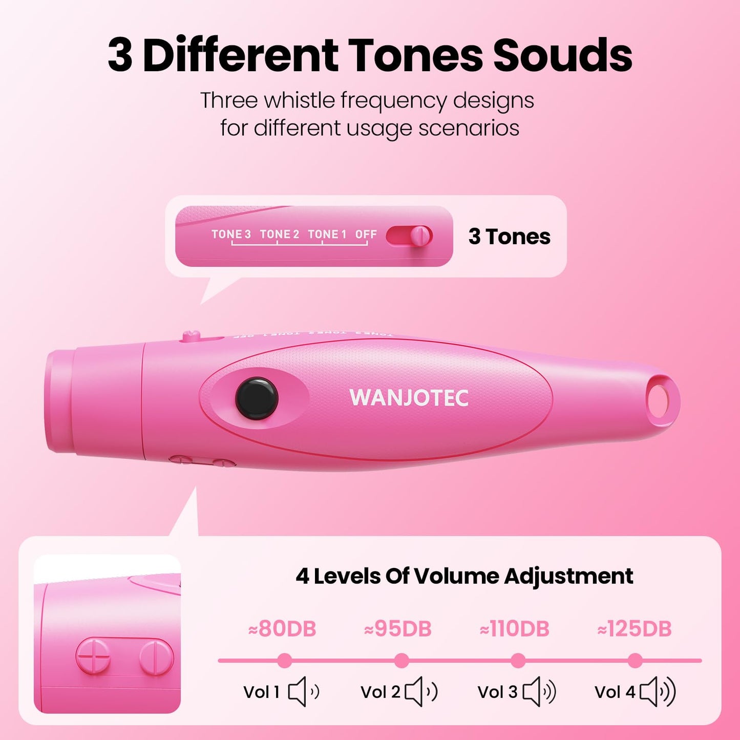 WANJOTEC Electronic Whistle for Teacher Coaches, 3 Tones Adjustable 130db Loudest High Volume Handheld Emergency Electric Whistles for Referee, P.E.Outdoor Sports Whistles with Lanyard，Gift (Pink)