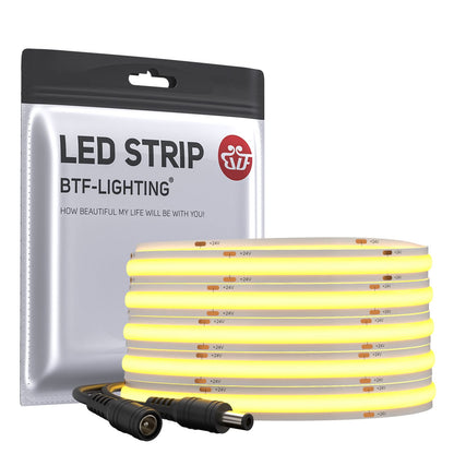 BTF-LIGHTING COB LED Strip Light 5M 528LEDs/m FCOB Dimmable Light Uniformity Flexible High Density Warm White 24V 10mm Width LED Tape for Bedroom Kitchen Home Interior Decoration(Only LED Strip)
