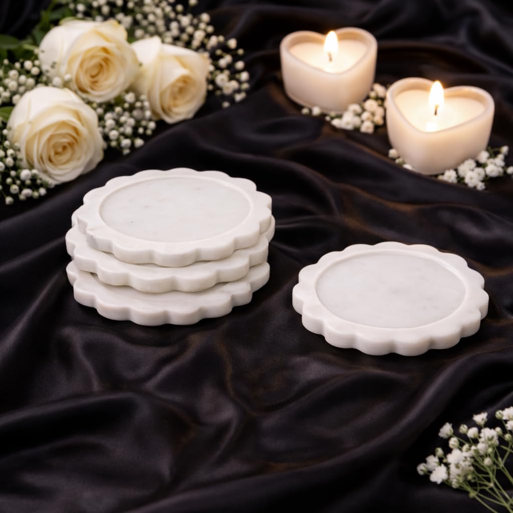 Luxury Marble Coasters Set of 4 – Natural Stone Drink Coasters for Coffee Table, Absorbent Marble Cup Coasters, Modern Table Protectors, Elegant Floral Coasters, Housewarming Gift
