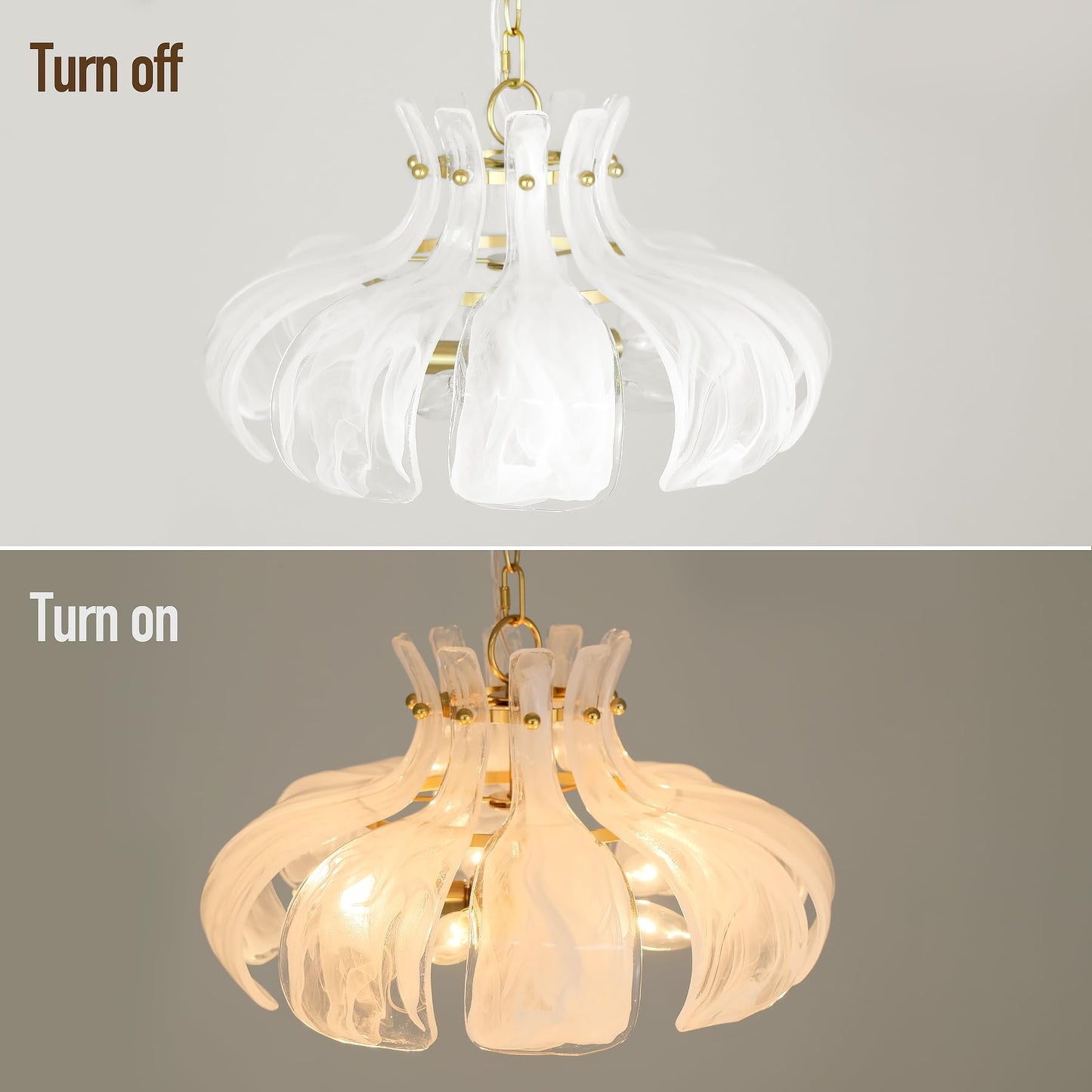 Wrlmfy Hammered Alabaster Glass Chandelier, 18" Hand-Blown Glass Pendant Brass Gold Hanging Lighting Fixture for Kitchen Island Dining Living Room Entryway, E12 Base (Gold & White Hammered Glass)