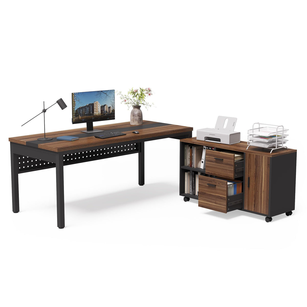 LITTLE TREE 70.8" Executive Desk with Lateral File Cabinet, Modern Thickened Wooden Workstation L-Shaped Computer Desk Large Home Office Writing Desk for Home Office