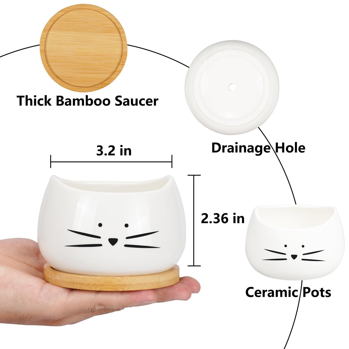 Koolkatkoo 3.2 Inch Cute Cat Ceramic Succulent Planter Pots with Removable Saucer Unique Cactus Planters Porcelain Decorative Flower Pot for Cat Lovers Set of 3 White