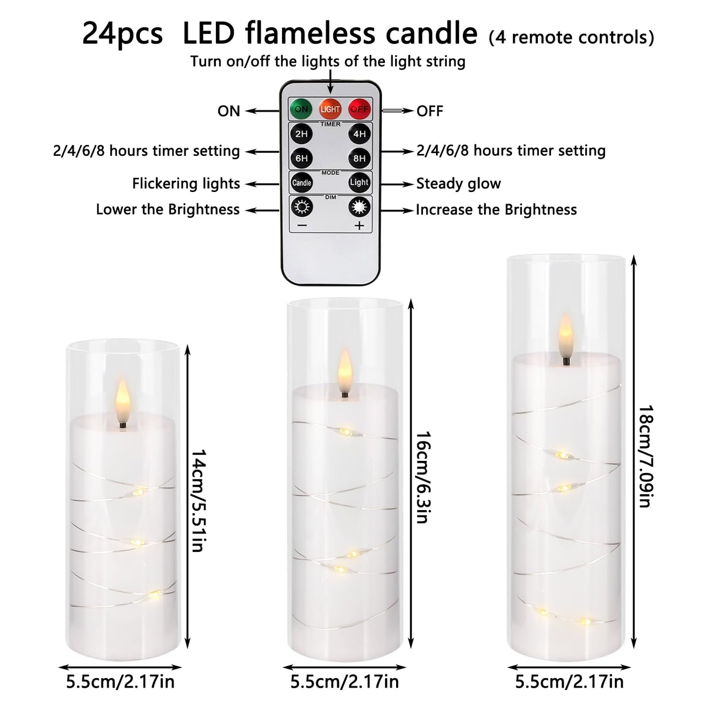 YOROXRG Flickering Flameless Candles Battery Operated with Remote,Led Pillar Candles with Realistic Moving Wick Candles for Halloween,Christmas,Home Decor Pack of 12 (D2.2 xH 5" 6" 7")(White)