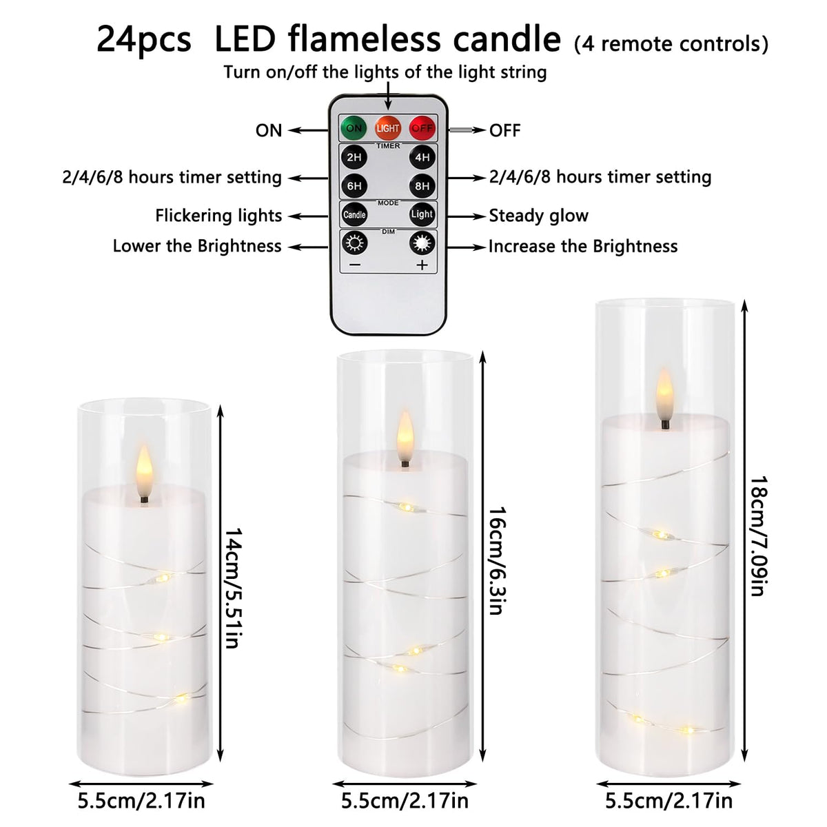 YOROXRG Flickering Flameless Candles Battery Operated with Remote,Led Pillar Candles with Realistic Moving Wick Candles for Halloween,Christmas,Home Decor Pack of 12 (D2.2 xH 5" 6" 7")(White)