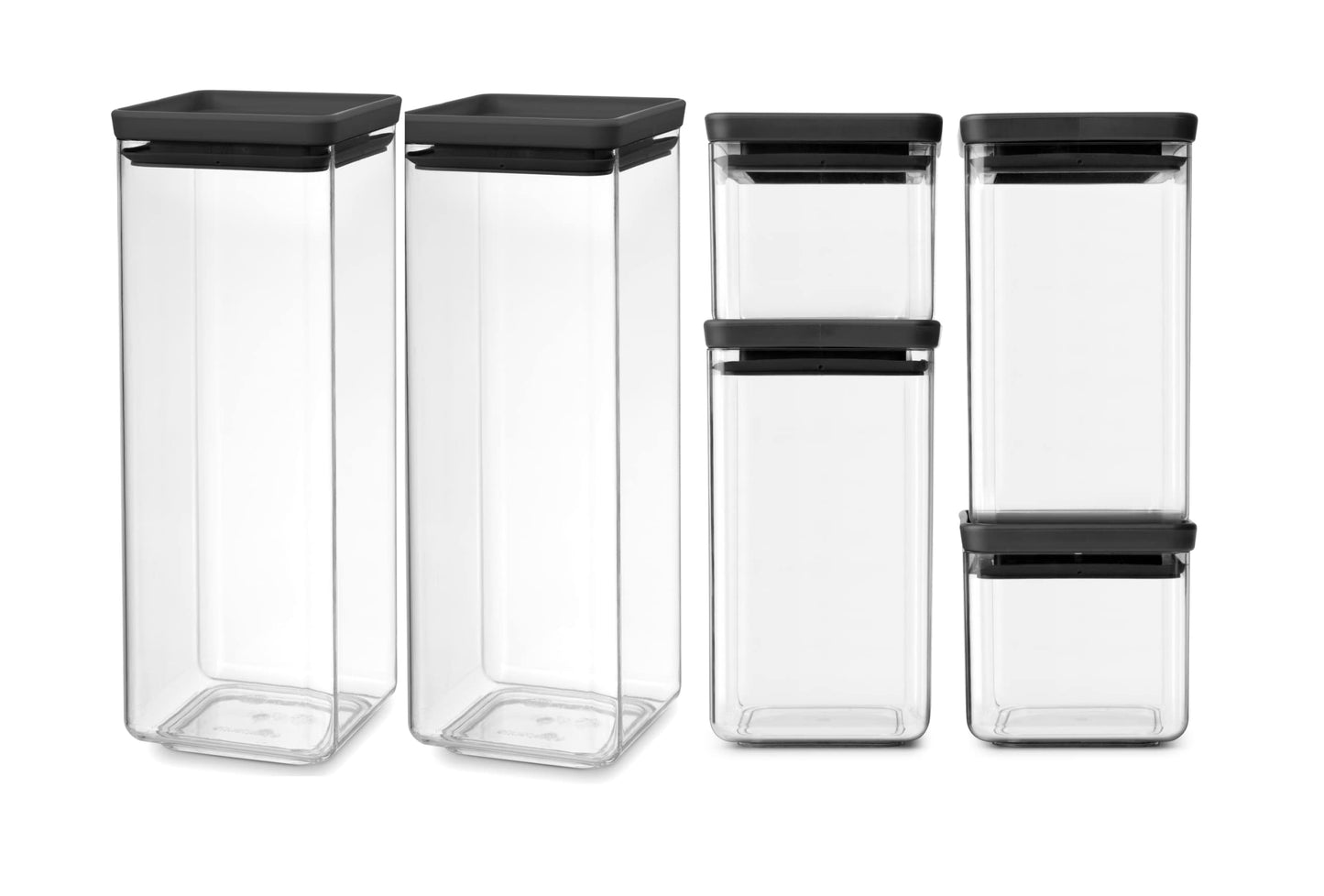 Brabantia Tasty+ 6pc Stackable Food Canisters Set (Dark Gray) 2 x 0.18, 0.4 & 0.66 Gal BPA-Free Space-Saving Jars with Silicone Seal Lids