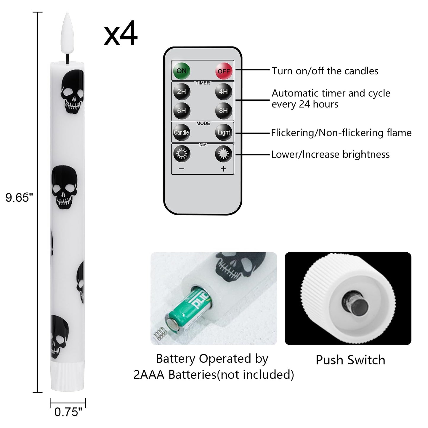 GenSwin Halloween Flameless Taper Candles Remote Timer, 4 Pack Real Wax LED Taper Candles Battery Operated Flickering with Skull Prints, Flameless Candlesticks for Halloween Decor(0.75”x 9.65”)