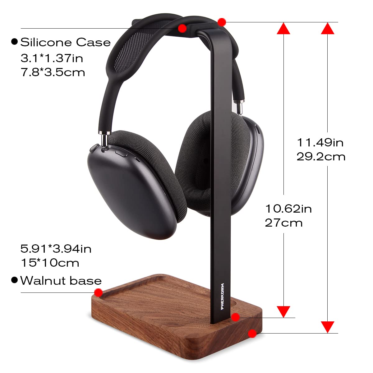 PHERKORM Walnut Wood & Aluminum Headset Holder, Desktop Headphone Stand, Universal headphone holder for most music gaming headsets - Black Walnut