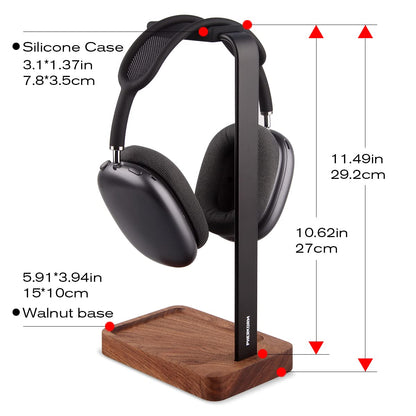 PHERKORM Walnut Wood & Aluminum Headset Holder, Desktop Headphone Stand, Universal headphone holder for most music gaming headsets - Black Walnut