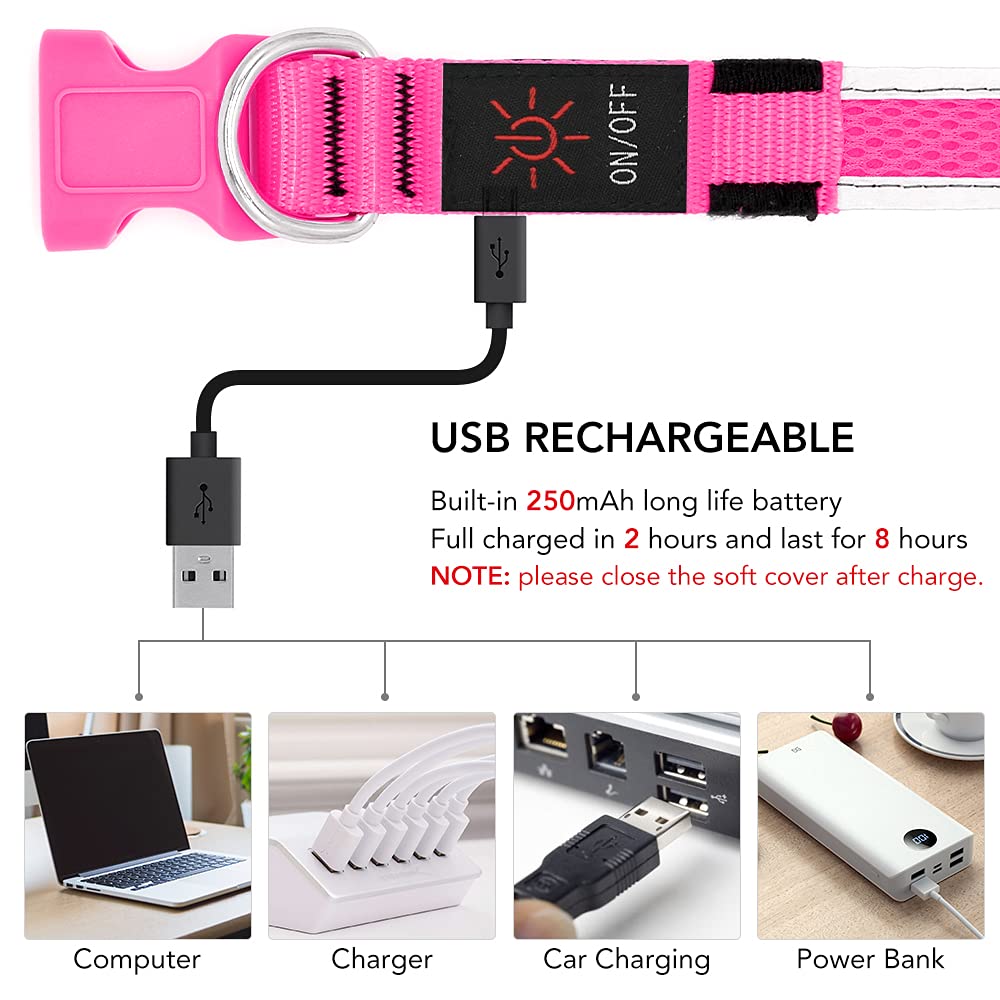 YFbrite Light up Dog Collar, Rechargeable LED Dog Collar, Flashing Dog Collar, Adjustable Reflective Dog Collar Safety Glowing at night (Pink, Medium)