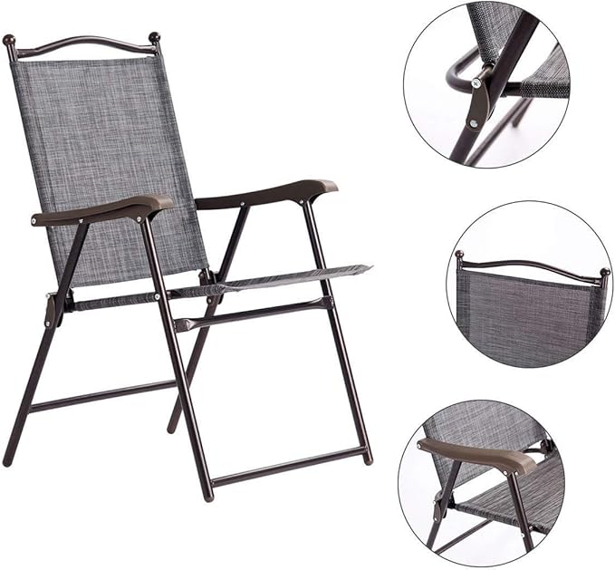 Giantex Set of 2 Patio Folding Chairs, Outdoor Patio Dining Chairs w/Armrest, Sling Back, Metal Frame, Outside Use for Lawn Camping Garden Pool Beach Yard Lounge, No Assembly, Grey