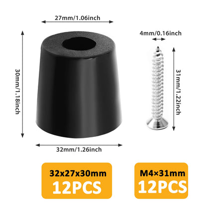 Auvotuis 12Pcs Round Rubber Feet with Stainless Screws, Black Chair Bumpers Pads for Cutting Board, Table, Cabinet, Sofa (32x27x30mm)