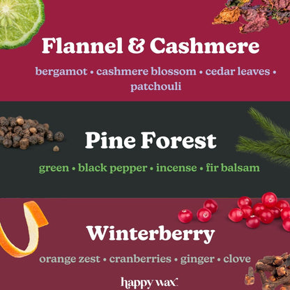 Happy Wax Winter Outdoors Mix Scented Natural, Non Toxic Soy Wax Melts; 6 Total Oz. of Holiday Scented Wax Melts, Collection Includes Flannel & Cashmere, Pine Forest and Winterberry