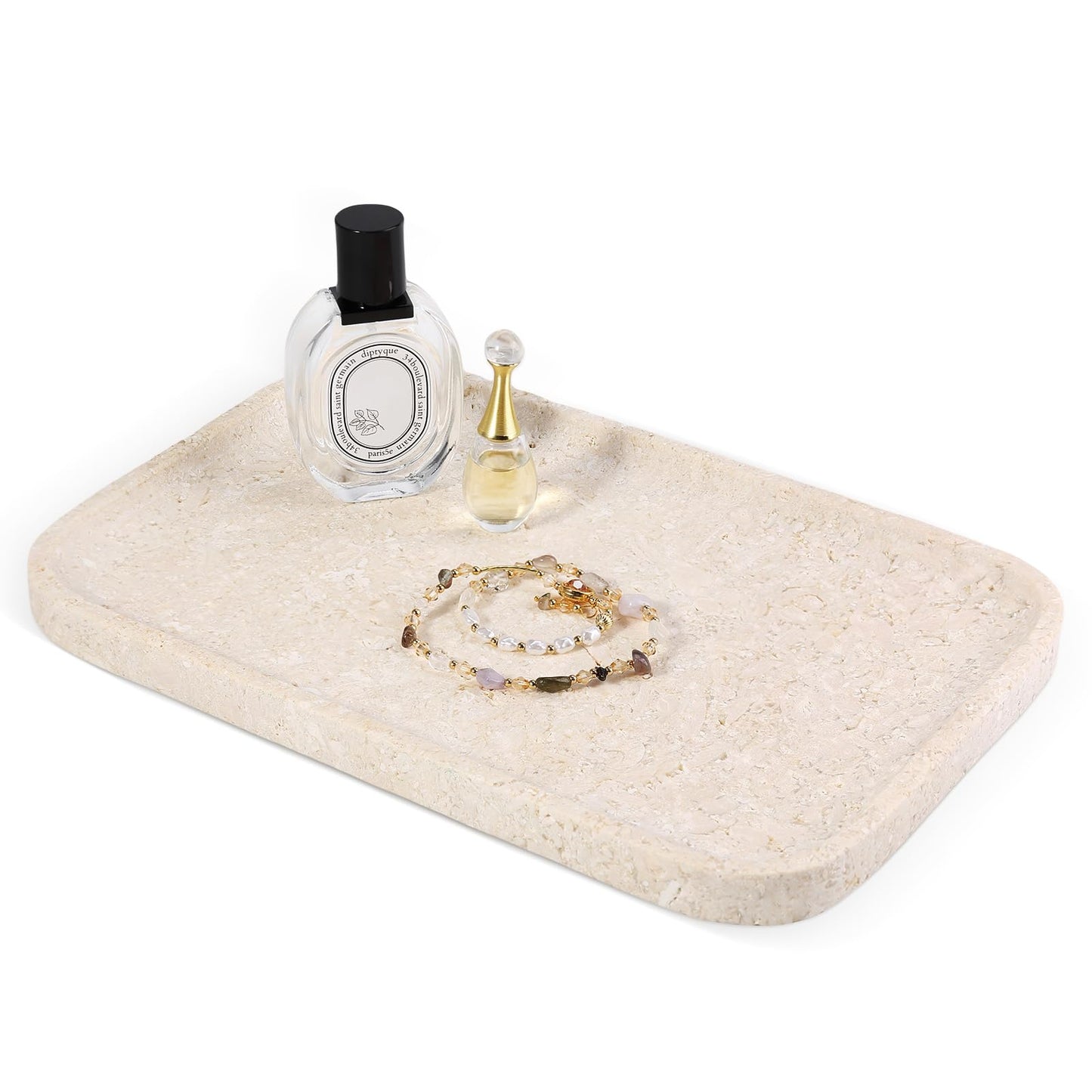 Karibiber Natural Marble Vanity Tray, 11.8" Marble/Stone Bathroom Tray Countertop, Beige Tray for Decor, Perfume Jewelry Holder, Storage/Organizer for Kitchen Sink