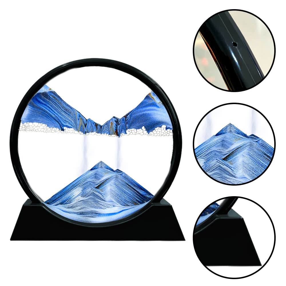 Aoderun Moving Sand Art Picture Round Glass 3D Deep Sea Sandscape in Motion Display Flowing Sand Frame Relaxing Desktop Home Office Work Decor (7", Blue)
