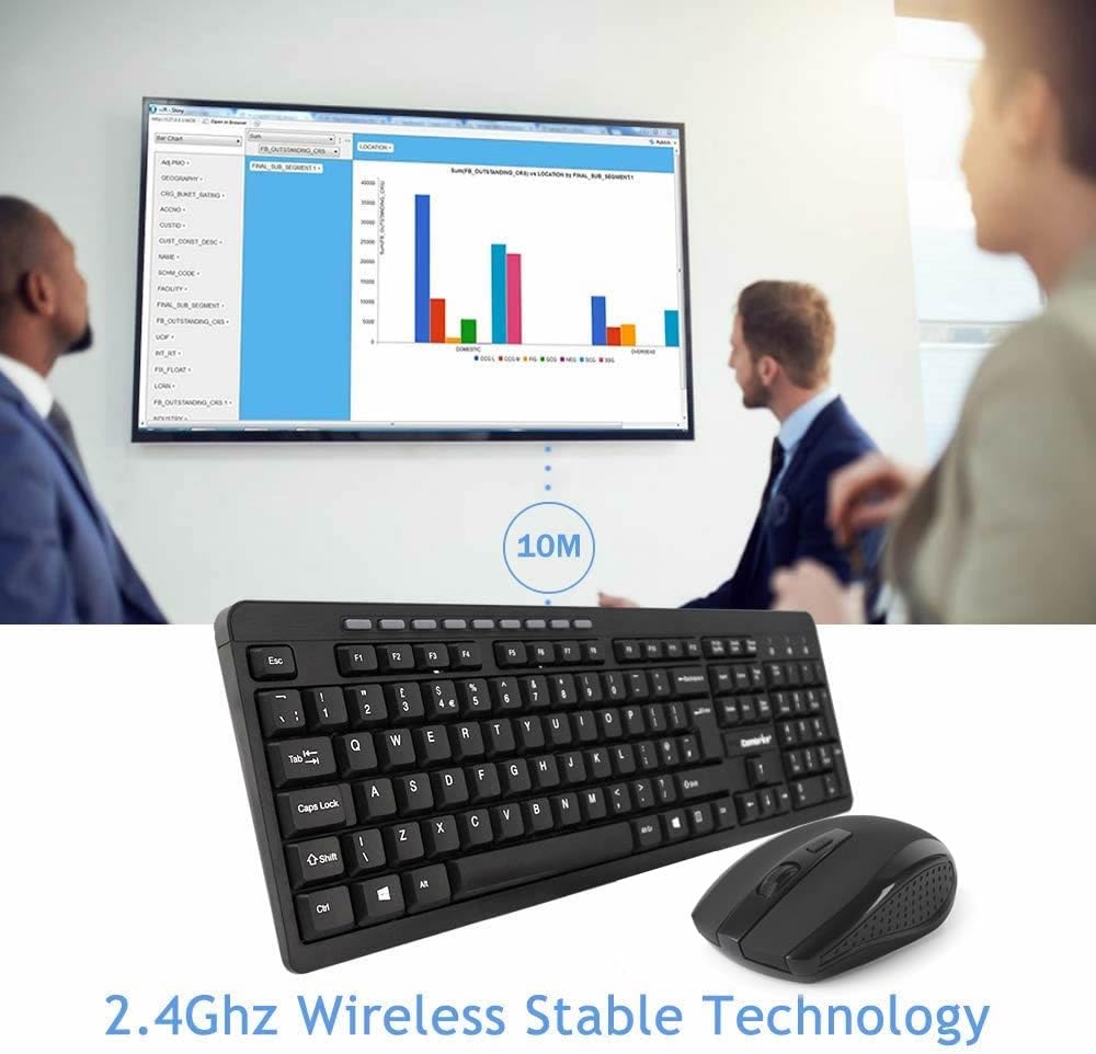 Combrite Wireless Keyboard And Mouse Set, Ergonomic 2.4Ghz Cordless, Slim Multi-Media Shortcut Keyboard, Comfort Wireless Optical Mouse Adjustable DPI, English UK Layout (KM200W)
