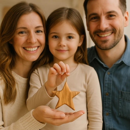 Zuluf Set of 3 Olive Wood Star Ornaments from Bethlehem 2.56 Inch, Handcrafted Star of Bethlehem Christmas Tree Decorations, Rustic Holy Land Christian Wooden Ornaments, with Certificates
