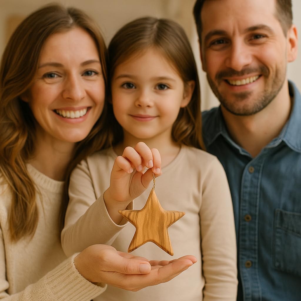 Zuluf Set of 3 Olive Wood Star Ornaments from Bethlehem 2.56 Inch, Handcrafted Star of Bethlehem Christmas Tree Decorations, Rustic Holy Land Christian Wooden Ornaments, with Certificates