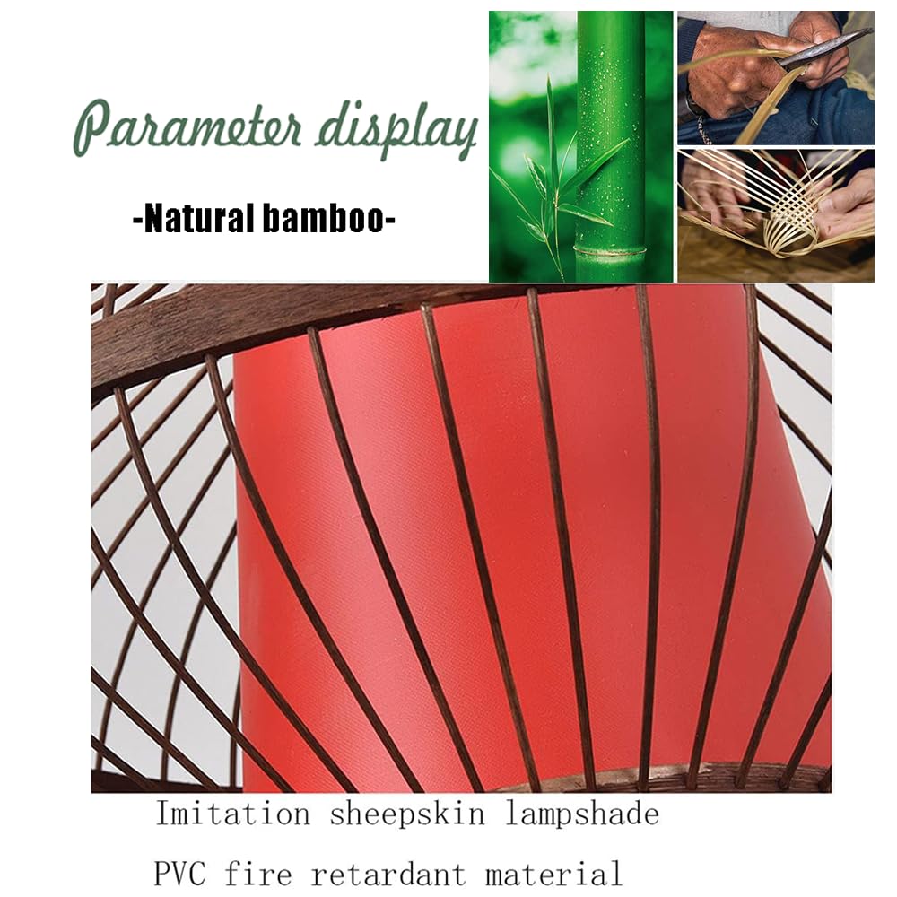 HAIIQU Traditional Antique Bamboo Pendant Light Chinese Bird Cage Hanging Ceiling Lamp with Red Imitation Parchment Lampshade Large Wicker Restaurant Cafe Corridor E27 Decor Light Fixture 17.7"