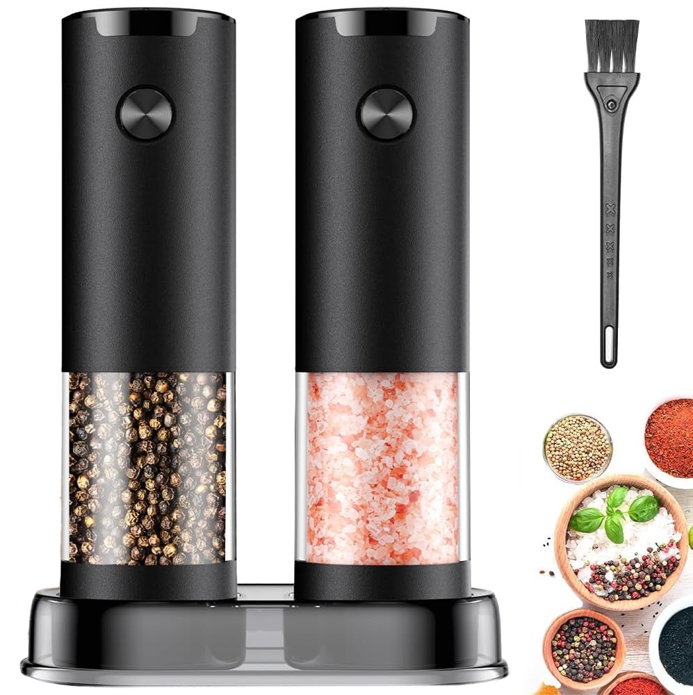 JIDSPWLS Electric Pepper and Salt Grinder Set（2 Pack Black/Black）Adjustable Coarseness Salt & Pepper Mill,With LED Light,Easy to Clean,Battery Powered,One Handed Operation,Kitchen Essential