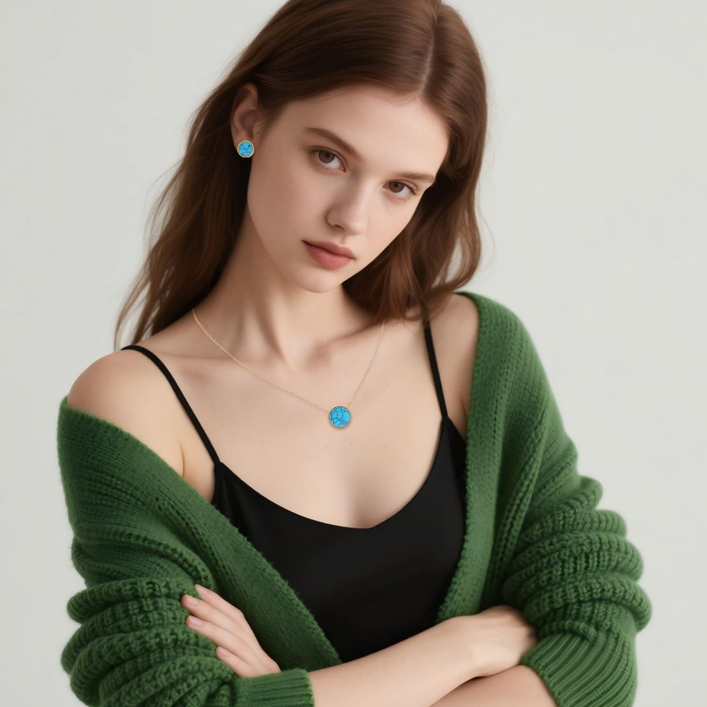 TaYolnFaSo Round Turquoise Jewelry Set for Women 18K Gold Plated Turquoise Necklace Studs Earrings Set Dainty Jewelry Gift