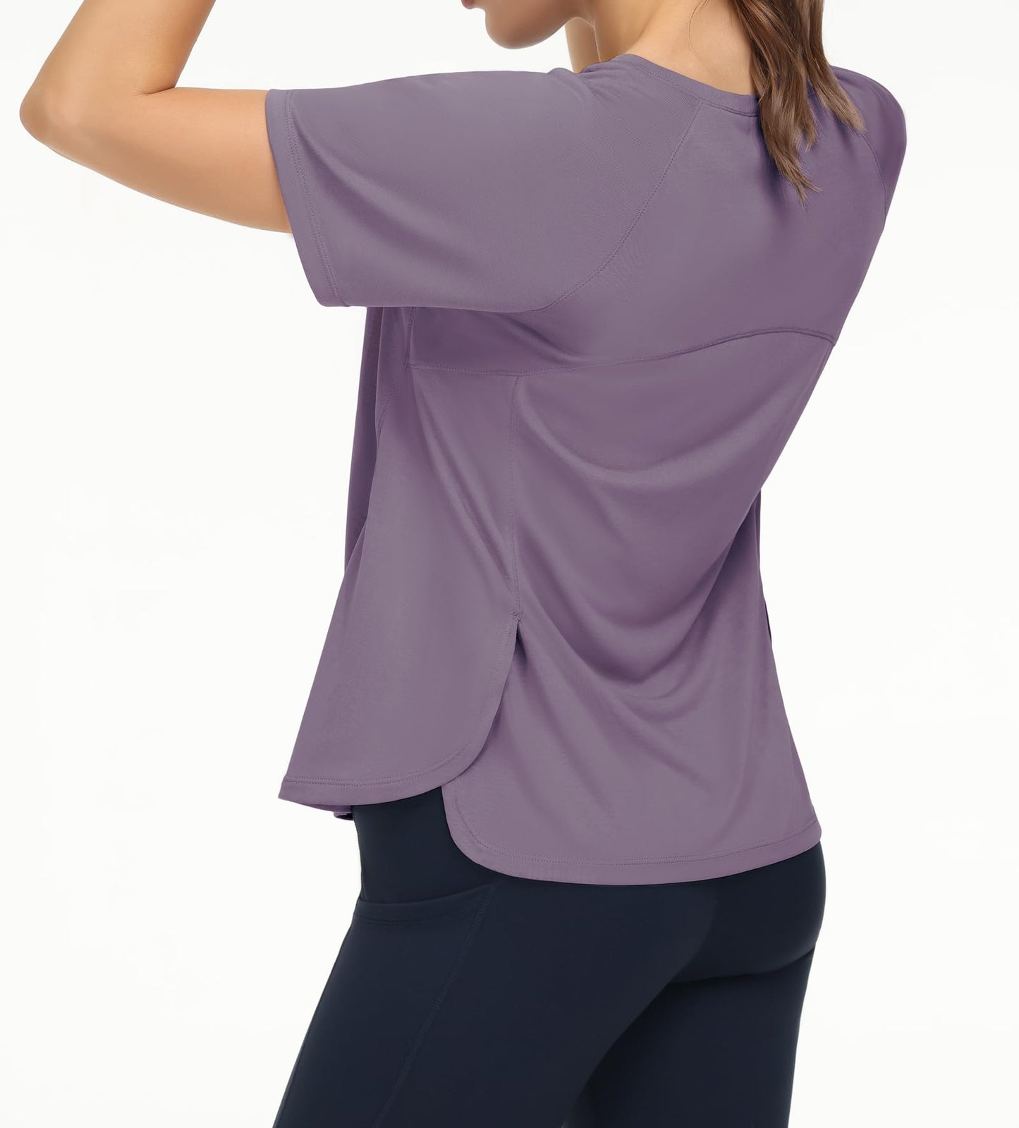THE GYM PEOPLE Women's Short Sleeve Workout Shirts Breathable Yoga T-Shirts with Side Slits Athletic Tee Tops Grey Purple