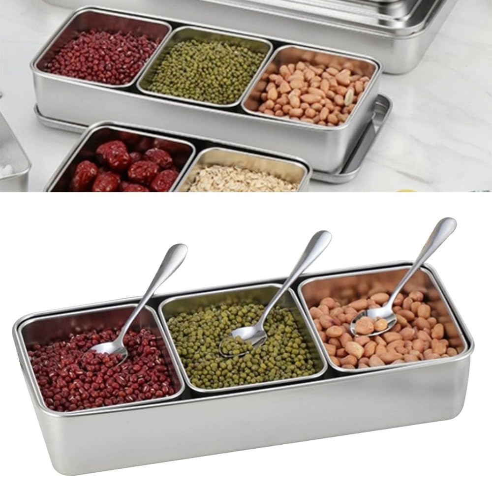 Anu Limen Stainless Steel Condiment Pots 3 Compartment – Spice Storage Box with Lid and 3Pcs Spoons for Salt, Sugar, Peppers 12.99x5.91x2.56 In