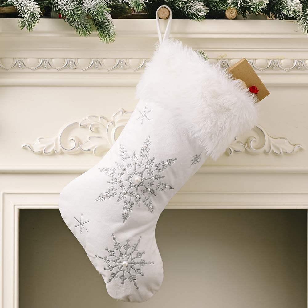 Comfy Hour 18" White Velvet Christmas Stocking, Soft Snowflake Embroidery with Faux Fur Trim, Elegant Holiday Mantel Hanging Decor, Winter Celebration Accent, Artisan Crafted Textile, 1 Unit