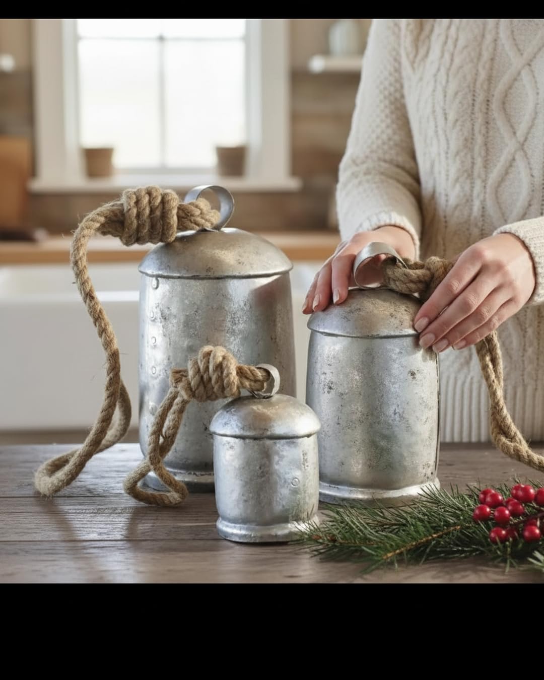 Christmas Cow Bells Harmony Giant Vintage Silver Wall Hanging Bells Country Style Rustic Set of 3 (4", 5", 8")