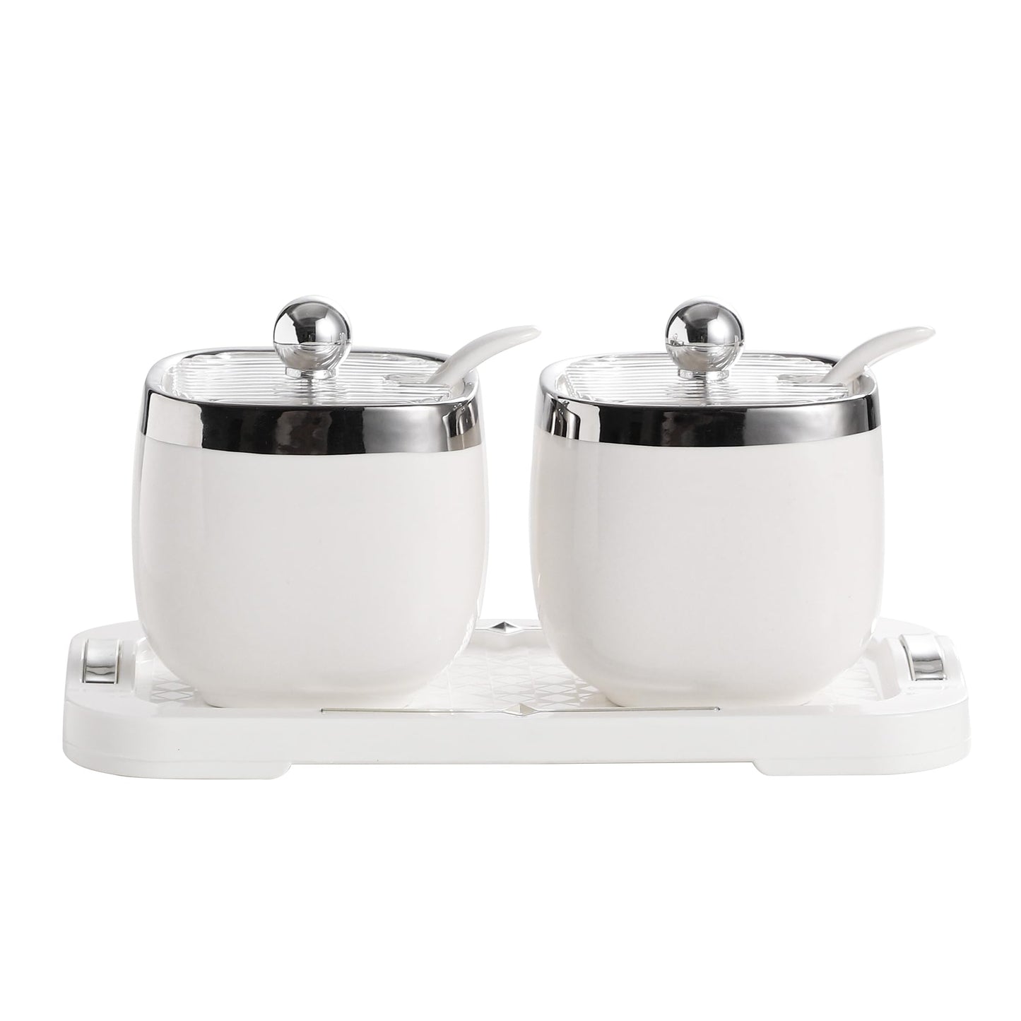shuqiao Porcelain Condiment Jar Spice Container with Lid - Ceramic Spoon, Plastic Tray is the best clay pot for your home, kitchen, counter. White, 280 ml (9.4 oz), 2-piece set (3, Circle)