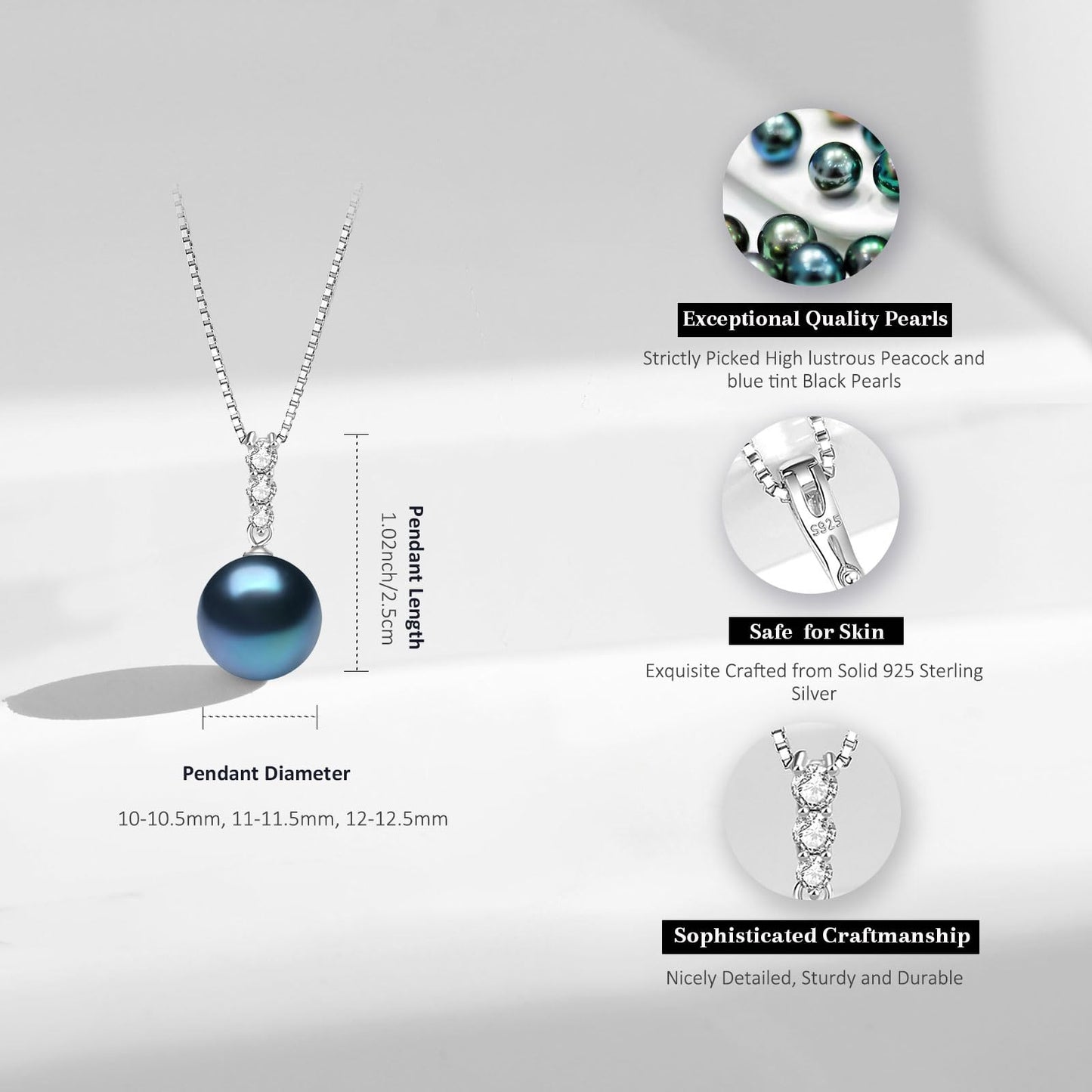 YAMI Tahitian Black Pearl Pendant Necklace, 12-13mm Cultured Round Pearls, 925 Sterling Silver with 18+2IN Adjustable Chain, Elegant Mother's Day Jewelry Gift for Women, Three CZ Diamonds Accent