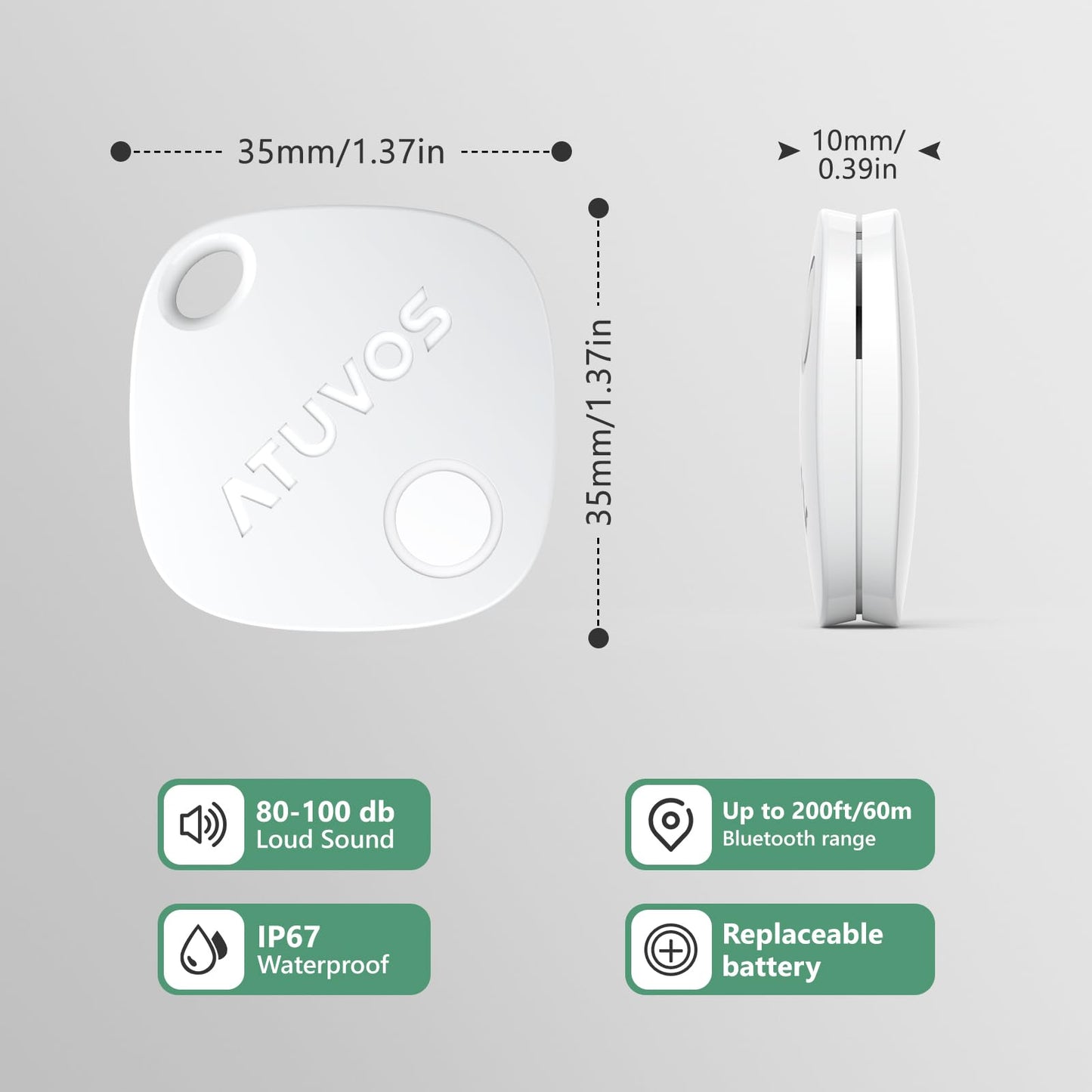 ATUVOS Smart Bluetooth Item Finder 2 Pack, Compatible with Apple Find My (iOS Only), Key Finder, Tracker Locator for Luggage Suitcase, Wallets, Bag, Replaceable Battery, IP67 Waterproof