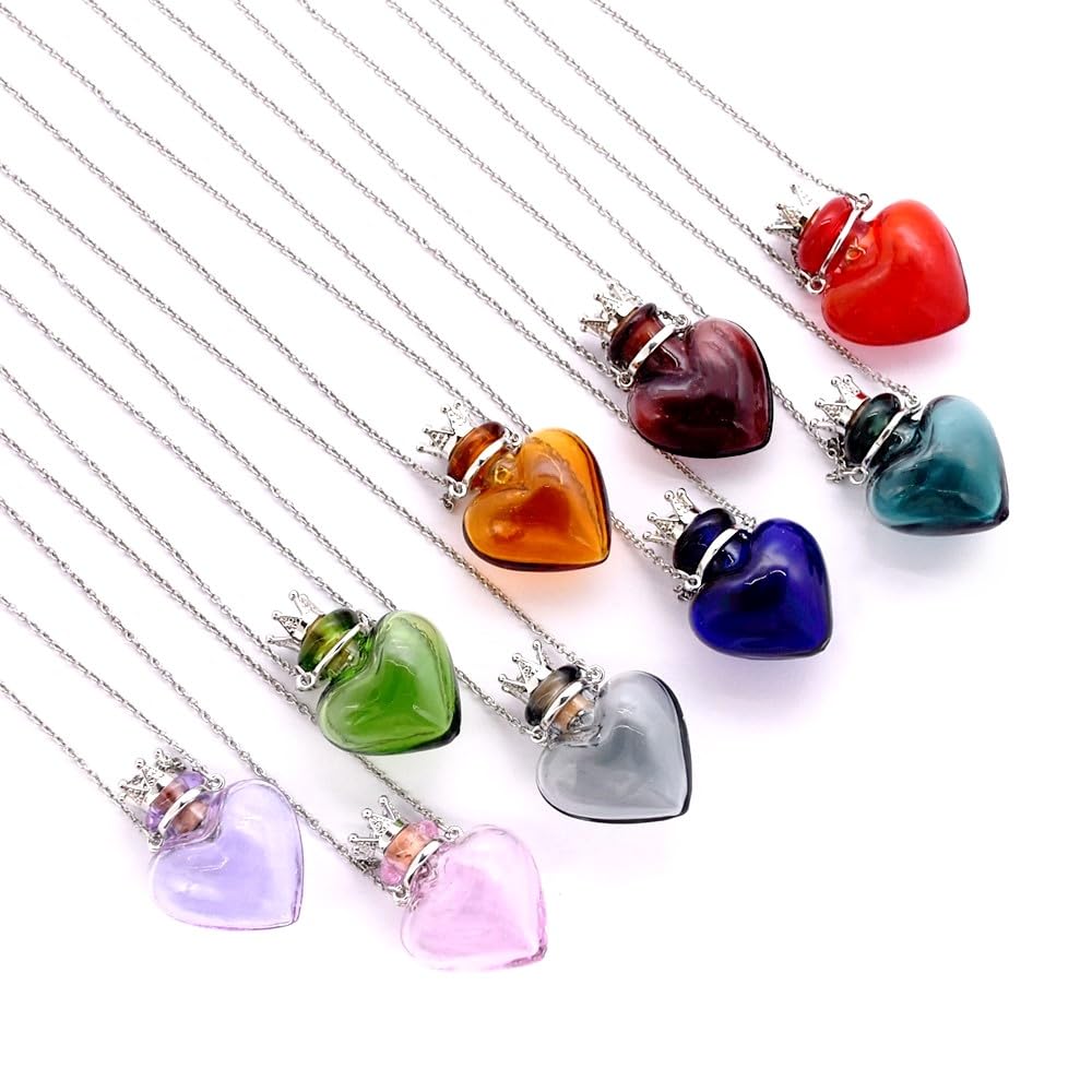 CoolDIY Glaze Glass Heart-Shaped Refillable Essential Oil Necklace Pendant - Aromatherapy Perfume Diffuser Pendant with Stainless Steel Chain (Pink)