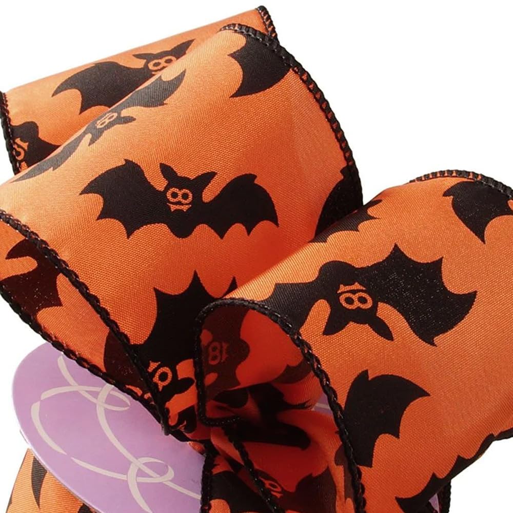 Cute Bats Halloween Wired Ribbon - 2 1/2" x 10 Yards, Orange & Black, Bows, Wreath, Decoration, Fall, Gift Wrapping