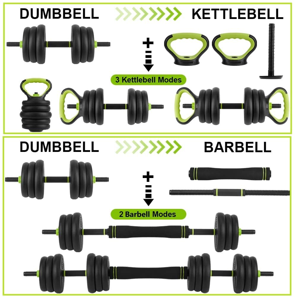 Adjustable Dumbbell Set, 44Lbs Free Weight Set with Connector, 4 In1 Dumbbells Set Used As Barbell, Kettlebells, Push Up Stand,Green and Black,Round