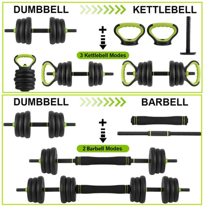 Adjustable Dumbbell Set, 44Lbs Free Weight Set with Connector, 4 In1 Dumbbells Set Used As Barbell, Kettlebells, Push Up Stand,Green and Black,Round