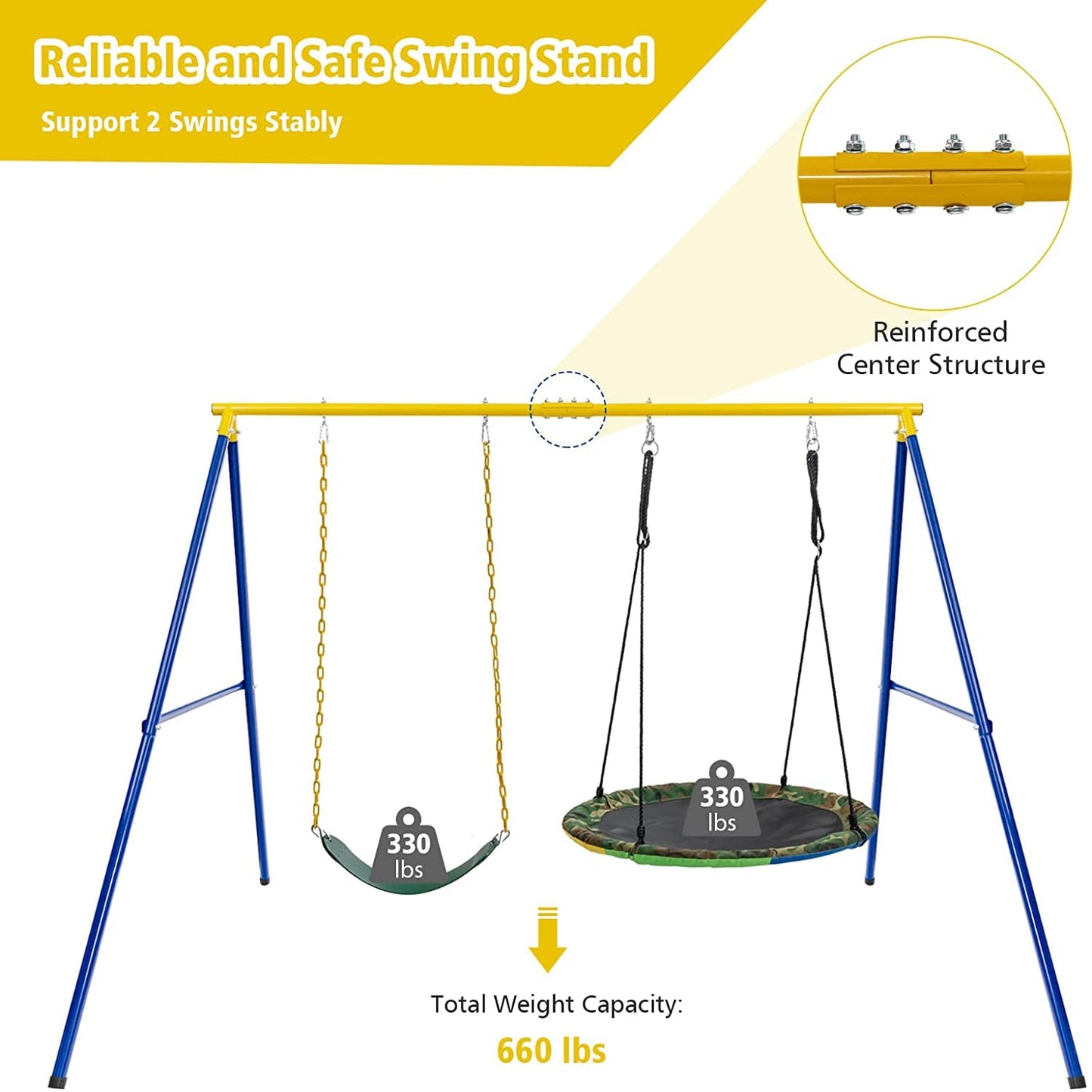 HONEY JOY 660lbs 2 Seat Metal Swing Frame Set with Saucer Swing & Belt Swing, Heavy Duty A-Frame Kids Swing Stand w/Ground Stakes and Adjustable Ropes, Outdoor Swing Sets for Backyard