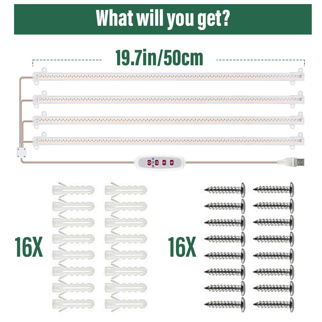 RooTrimmer 20 Inch Grow Light for Seed Starting for 1020 Trays Full Spectrum LED, Hydroponics Growing System Lights, Indoor Greenhouse Plant Lamp, 8/12/16H Timer & Dimmable Grow Lamp, 4 Pcs