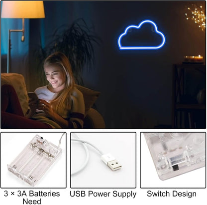 4 Pcs LED Decorative Neon Night Signs, Hanging Lighted Up Neon Sign for Bedroom Room Decor Neon Lights Led Cloud Signs Light Sign for Home Decor Pink/Blue Planet
