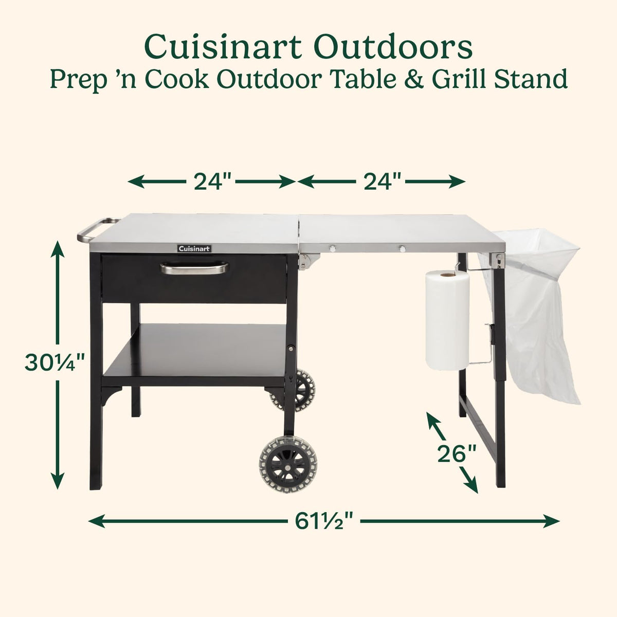 Cuisinart Prep ‘n Cook Outdoor Table and Grill Stand, Stainless Steel Folding Table with Wheels, 48” x 24” Prep Station for Home BBQ, Tailgates, Cookouts