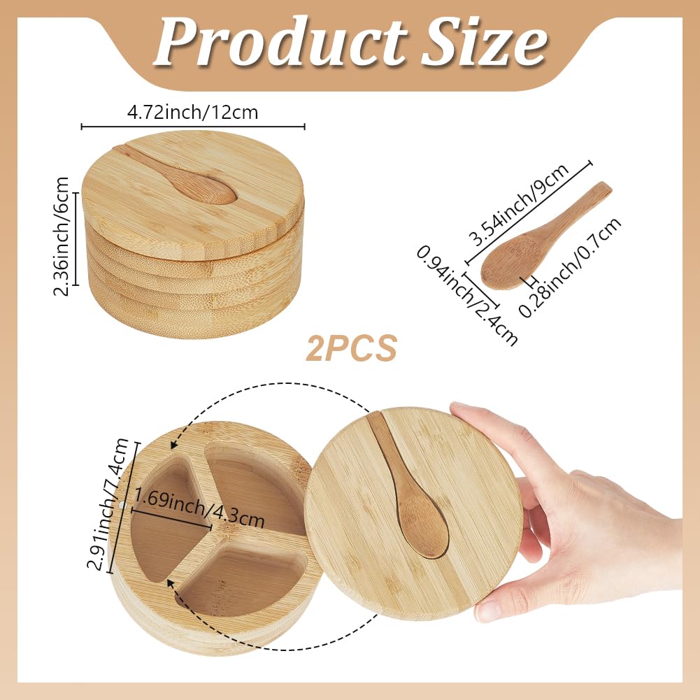 EVERJOYCRAFT 2pcs Wood Salt and Pepper Box 3 Compartment Salt Cellar with Swivel Lid and Built in Spoon for Countertop Spice Seasoning Condiment Jar Pepper Holder Bowl for Kitchen Storing Sugar Herbs