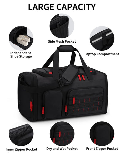 DD DEVILLI Gym Bags for Men Women, 45L Sports Travel Duffle Bag with Shoe Compartment, 3 in 1 Weekener Overnight Backpack with Wet Pocket, Black