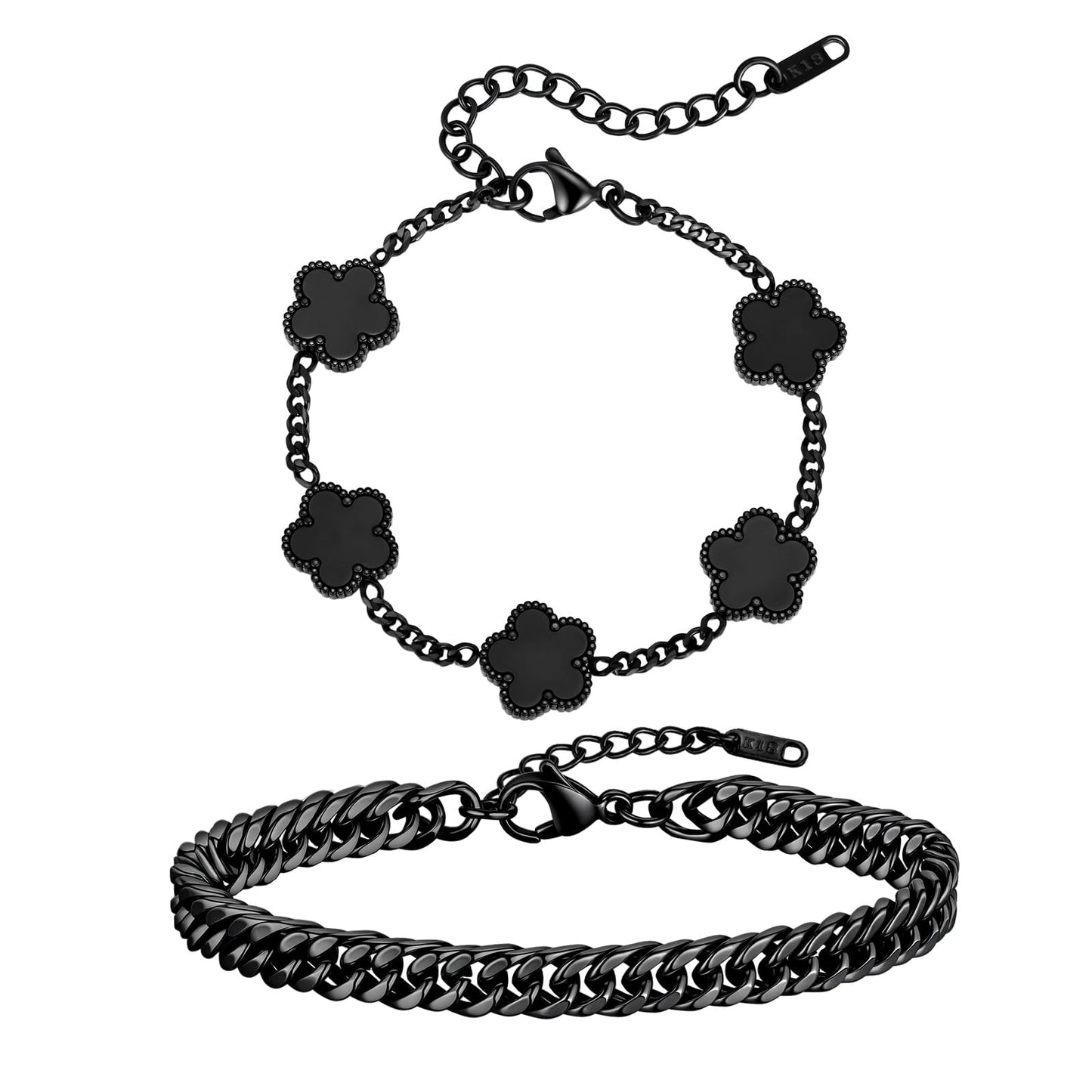 VNOX 2 PCS Floral Bracelets for Men Women -Womens Mens Stainless Steel Silver Cuban Chain Link Bracelet Lucky Charm Four Clover Flower Bracelets Trendy Jewelry Gifts, S01