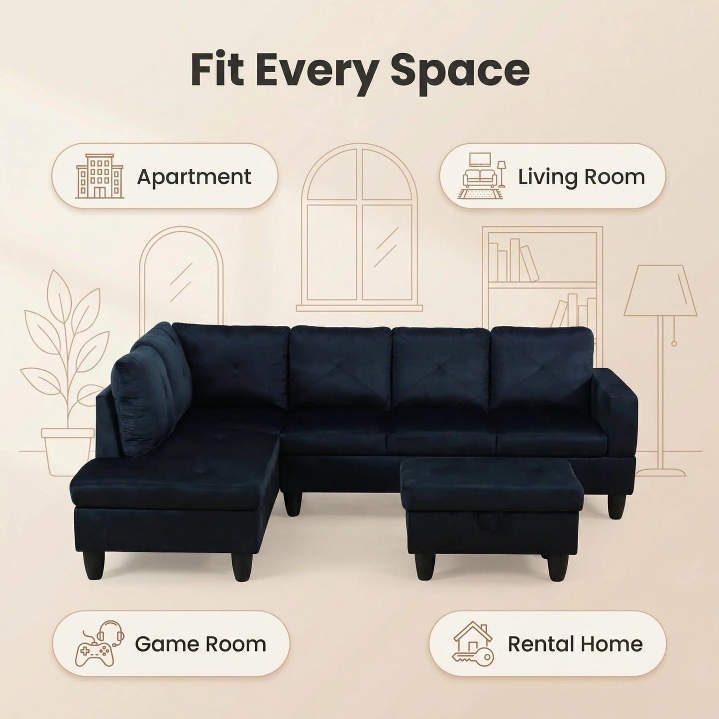 Trygoal Microfiber Sectional Couch, 97 inch L-Shape Sofa with Storage Ottoman, Modern 3-Piece Sofa Set, Contemporary Upholstered Couch Set with Solid Wood Frame for Apartment, Midnight Blue