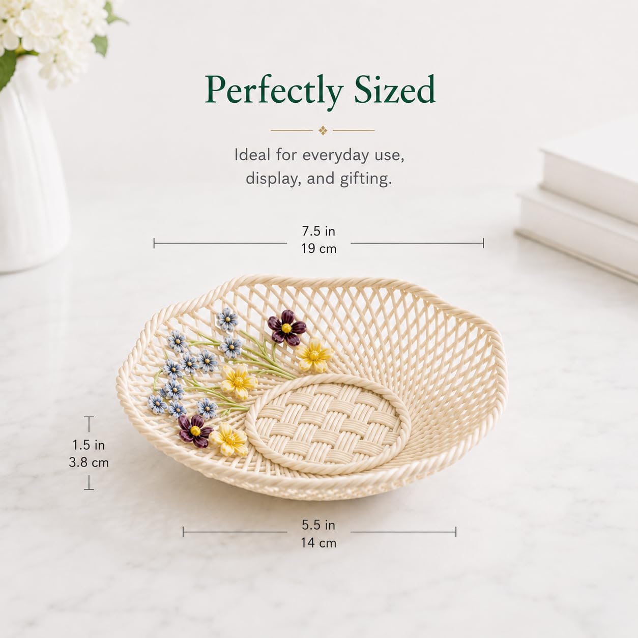 Belleek Classic Wild Irish Hedgerow Spring Basket - Boho Room Decor, Handmade Flower Basket, Decorative Storage Baskets for Bedroom and Bathroom Decor, 7”D x 1.5”H