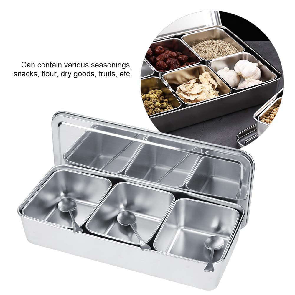 OUKENS Seasoning Container, 3‑Grid Stainless Steel Seasoning Rack Spice Pots Storage Container Condiment Jars Cruet with Cover and Spoon for Spice Salt Sugar